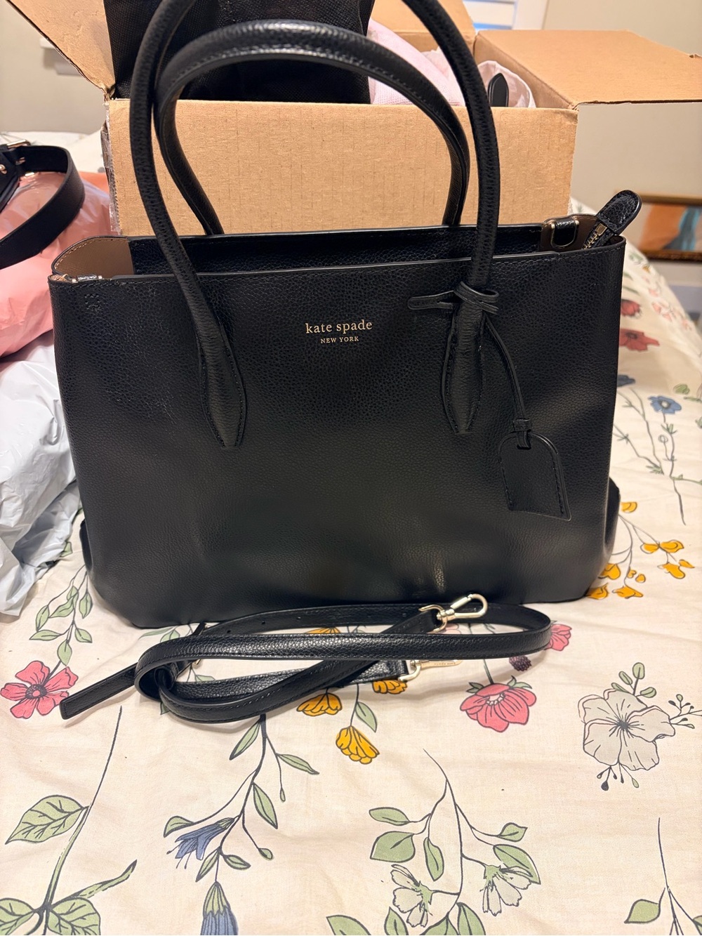 Kate Spade New York Eva Black Pebbled Leather Satchel with Crossbody Strap